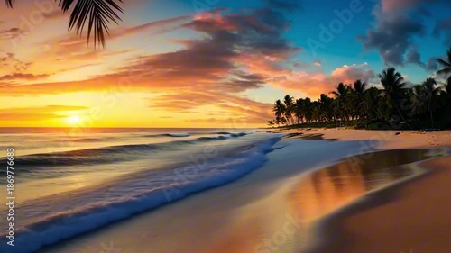 Vibrant sunset over a tranquil beach with gentle waves lapping against the shore, palm trees silhouetted against the colorful sky, creating a serene coastal scene
