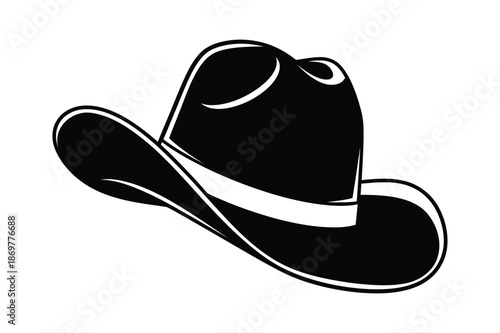 Silhouette of a classic cowboy hat with wide brim and indented crown silhouette
