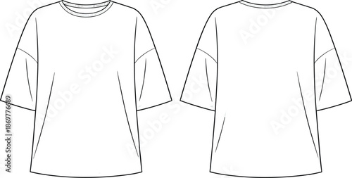 CAD drawing flat vector illustration of oversized short sleeve t-shirt with round neckline, minimal seam details, front and back view