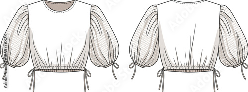 CAD drawing flat vector illustration of puff sleeve crop top blouse with tie details, front and back technical garment sketch