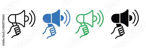 Four colorful megaphone icons for communication and announcement needs