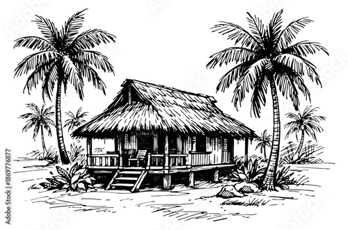Hand drawn line art illustration of a tropical beach hut depicting a serene island escape for travel and vacation