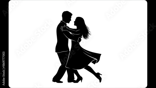 Dancing Couple Silhouette Vector – Romantic Dance Pose with Flowing Dress for Love, Ballroom, Elegance, Celebration, Wedding, and Artistic Design Themes