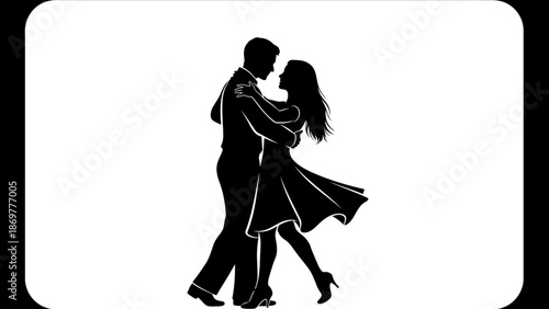 Dancing Couple Silhouette Vector – Romantic Dance Pose with Flowing Dress for Love, Ballroom, Elegance, Celebration, Wedding, and Artistic Design Themes
