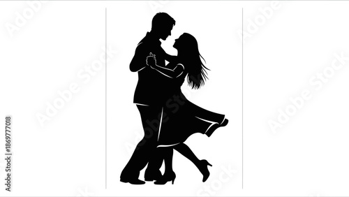 Dancing Couple Silhouette Vector – Romantic Dance Pose with Flowing Dress for Love, Ballroom, Elegance, Celebration, Wedding, and Artistic Design Themes
