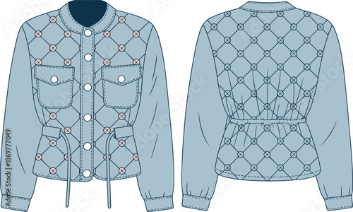 CAD drawing flat vector illustration of quilted button-up jacket front and back view, long sleeves, drawstring waist, flap pockets