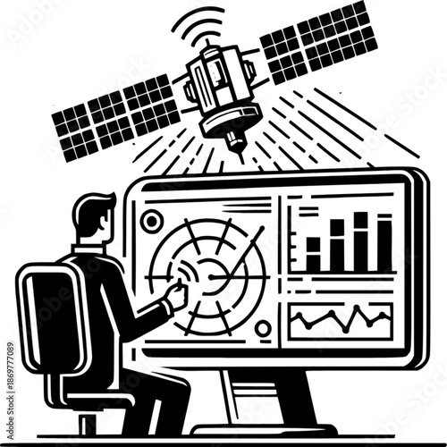 Modern Data Monitoring: A digital illustration depicts a person intently monitoring a complex data display with a satellite above, highlighting the synergy of technological advancements.