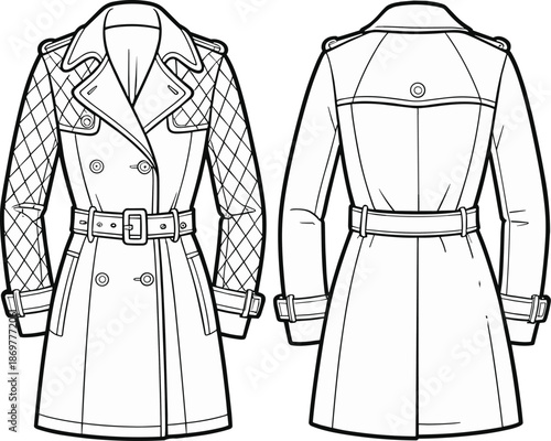 Cad drawing flat vector illustration of short quilted sleeve trench coat, fashion technical sketch front and back, apparel outerwear template