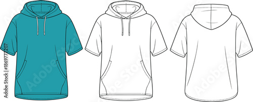 CAD drawing flat vector illustration of short sleeve hoodie with drawstring hood, front and back view, casual streetwear design