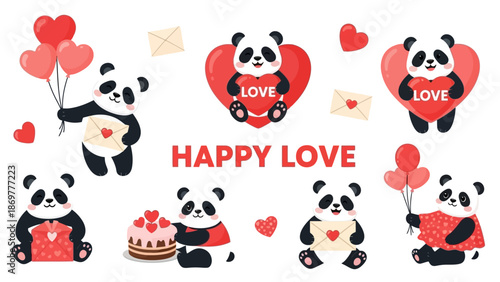 Romantic Panda Celebration Vector – Cute Cartoon Pandas with Heart Balloons, Cakes, Gifts, and “HAPPY LOVE” Text for Valentine’s Day and Affectionate Design Themes
