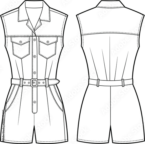 CAD drawing flat vector illustration of sleeveless belted romper with front buttons, flap pockets, collar detail, technical sketch, back and front