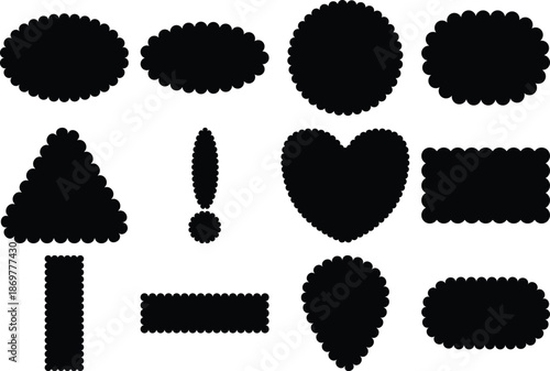 Black solid geometric flat shapes blank templates for price tags message or matter set two. Silhouette on transparent background