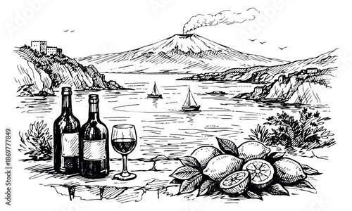 Hand drawn line art illustration of a mediterranean landscape depicting a volcano, sailboats, wine and lemons for a travel and vacation theme