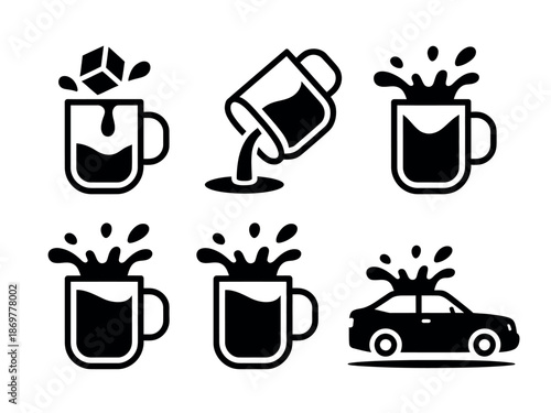 Black and White Coffee Cup Icons with Liquid Splash and Car Silhouette