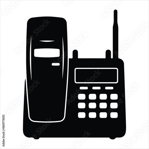Black and white illustration of a vintage walkie talkie and phone