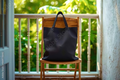 A black leather purse sits on a wooden chair in front of a railing