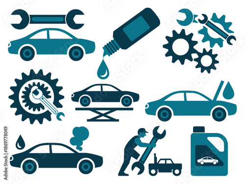 Car Maintenance and Repair Services Icons Set with Tools and Vehicles