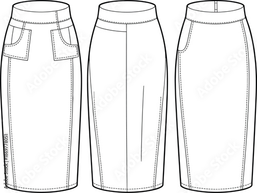 CAD drawing flat vector illustration of women’s pencil skirts with seam details, back slit, patch pockets, waistband, technical sketch