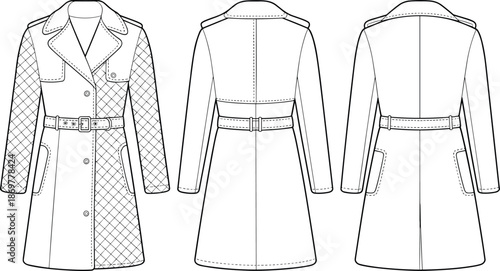 Cad drawing flat vector illustration of women's quilted and belted coat, technical fashion sketch showing front and back detailed views