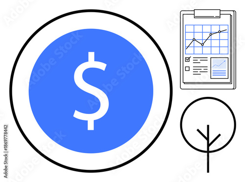 Banking, financial growth, investment planning, sustainability, economic development, data analysis. Dollar sign in a circle, chart report tree symbol. Financial growth and investment planning