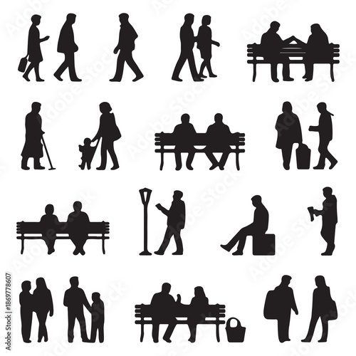 People Silhouettes Set – Men, Women and Families in Daily Life Activities