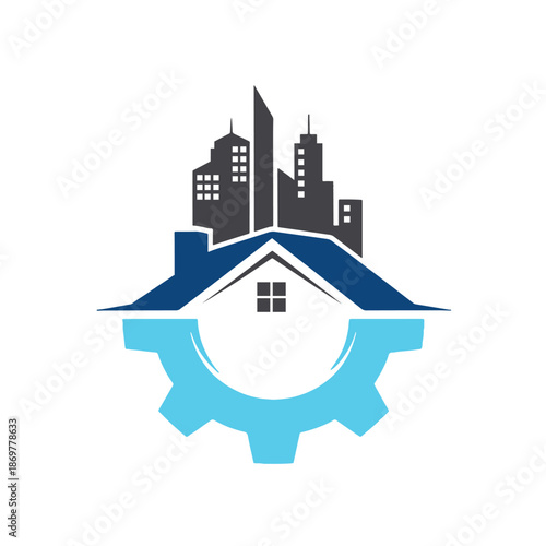 City skyline with house and gear on white background buildings roof