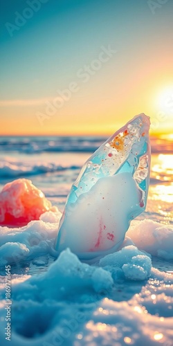 Joyful frozen delight melts under azure skies, sun-kissed shores shimmer,  blue sky,  vacation