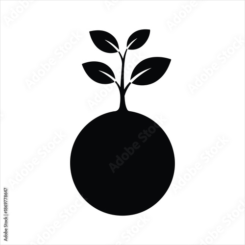 Simple black and white illustration of a plant sprouting from a sphere