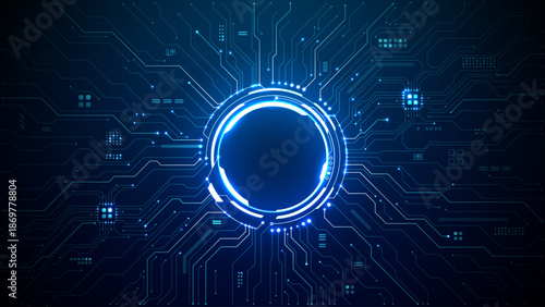 Glowing AI circuit portal with neon HUD elements and digital tech lines spreading across futuristic background. Sci-fi interface design with bright blue cyber patterns. Digital vector illustration.