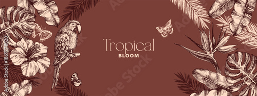 Vintage tropical background with exotic vibe. Parrot, tropical leaves, hibiscus, butterflies. Coffee, restaurant, food packaging, event decor concept. Hand drawn sketch vector illustration.