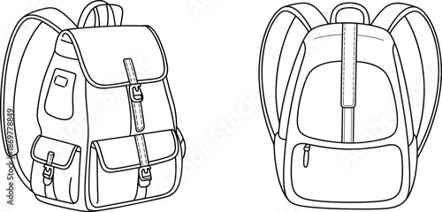 CAD drawing flat vector illustration, backpack sketch, line art design, travel bags, fashion accessories, rucksack graphic, school gear, editable outline, black and white, silhouette style