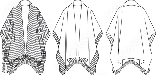 CAD Drawing Flat Vector Illustration, Fashionable Poncho Designs, Trendy Apparel, Stylish Outerwear, Fashion Sketch, Patterned Poncho, Clothing Template