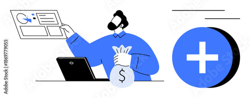 Financial growth concept. Person analyzing statistics with a money bag and digital tools, financial planning, budgeting, and digital solutions for economic success. Perfect for online commerce