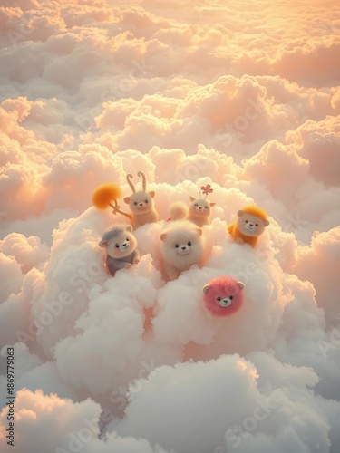 A whimsical menagerie of fluffy creatures floats on clouds of soft color, a child's gentle fantasy from the heavens,  vector art,  pets