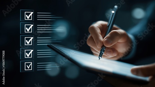 Wallpaper Mural Business person checking off items on a digital checklist on a tablet screen Torontodigital.ca