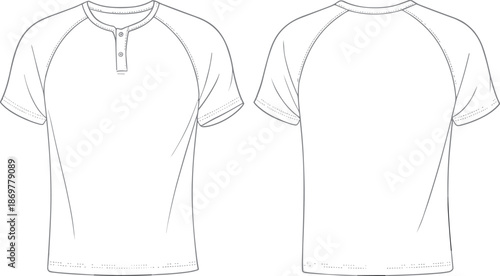 CAD Drawing Flat Vector Illustration, Henley T-Shirt Design, Fashion Sketch, Front and Back View, Garment Template, Apparel Art, Sewing Pattern