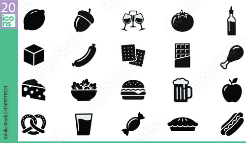 Black food and drink icons collection, silhouette style, editable vector symbols for menu, infographic, UI, nutrition, restaurant, kitchen, snack, beverage