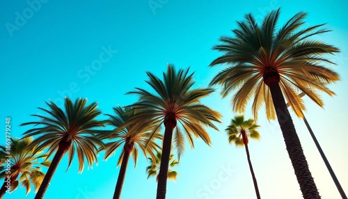 Majestic royal palm trees stand tall against a vibrant blue sky,   island,  tall