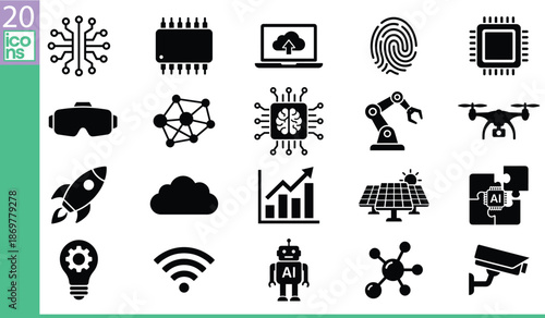 Black artificial intelligence and technology icons, modern vector symbols for innovation, computing, robotics, data, cloud, security, connectivity, science, machine learning