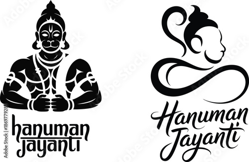 Celebrating Hanuman Jayanti with traditional illustrations of the revered Hindu deity Hanuman in various symbolic poses and textual representations.