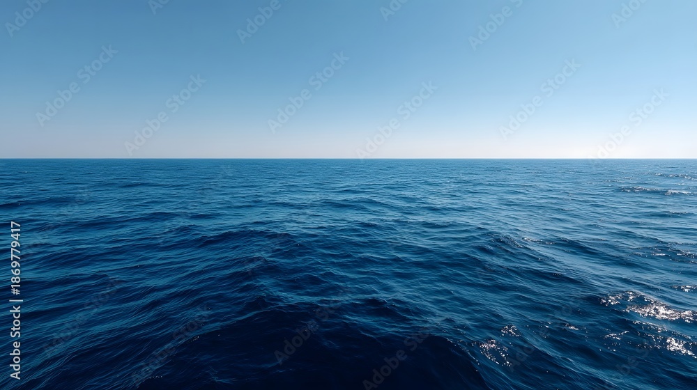 Fototapeta premium A vast deep blue ocean stretches to the clear horizon under a bright cloudless sky evoking a sense of immense natural beauty and tranquility