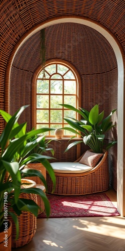 Wicker weave and botanical embrace, a tranquil nook for contemplation, artfully angled,  natural textures, wicker rug