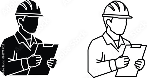 Construction worker engineer in hard hat with clipboard icon set with black silhouette and linear outline for site inspection safety