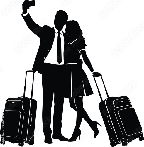 Couple taking selfie with suitcases black silhouette of man and woman traveling for business or vacation with luggage and smartphone