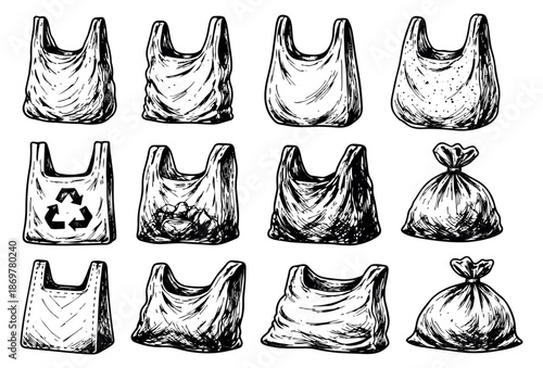 Hand drawn line art plastic bags set featuring various open, filled, and tied bags with a recycling symbol for shopping and waste management