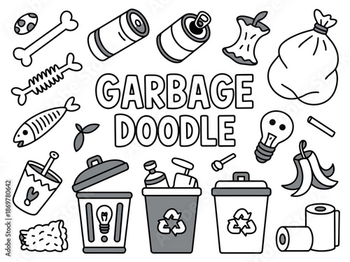 Garbage doodle illustration with trash cans and waste objects