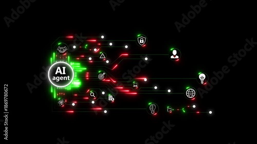 AI agent businessman working with virtual reality interface, illustrating multi-agent artificial intelligence systems, automated decision making and workflow optimization on black background