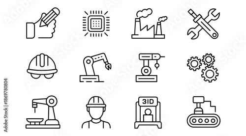 Industrial manufacturing and engineering icon set with hand holding pencil microchip factory robot arm machine 3d printer and conveyor
