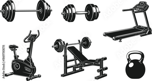 Fitness gym equipment icon set featuring barbell treadmill exercise bike weight bench kettlebell and dumbbell black silhouettes for workout and training