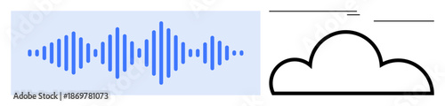 Blue soundwave beside a black minimal cloud outline signifies audio data, cloud storage, and digital communication. Ideal for technology, communication, streaming, voice recognition, cloud computing